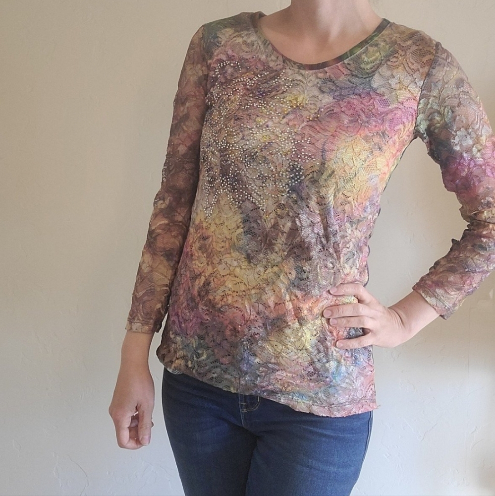 Reba Womens Blouse Top Pullover Small Lace Overlay Embellished Lace Sleeves